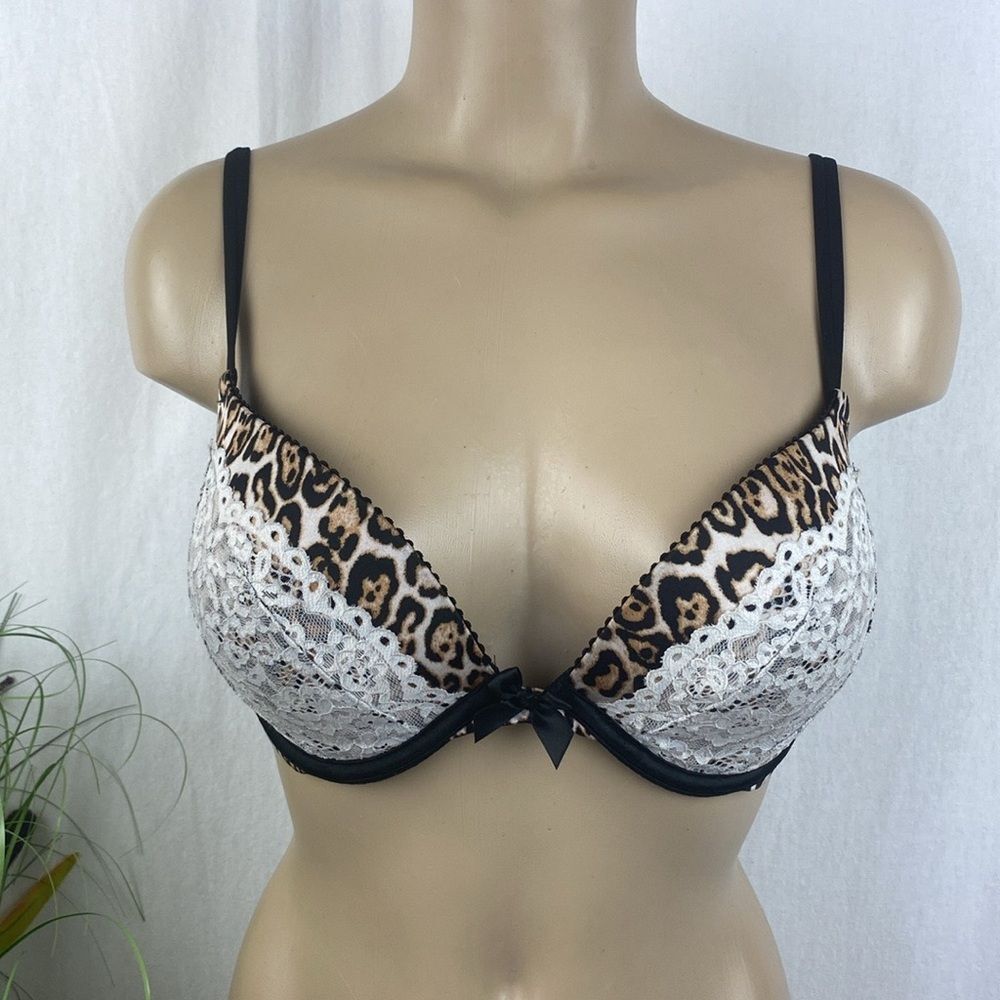 Victoria’s Secret Very Sexy Black Brown Animal Print Lace Overlay Padded Bra 34D